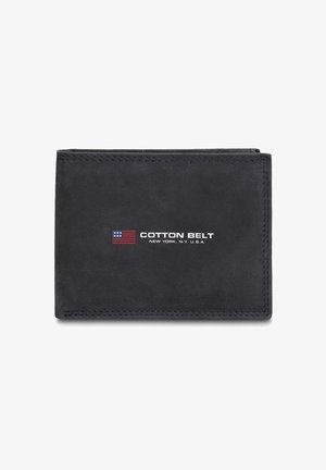 Portafoglio in pelle nera dalla texture liscia, con il logo "COTTON BELT" e un piccolo disegno della bandiera americana sulla parte anteriore.