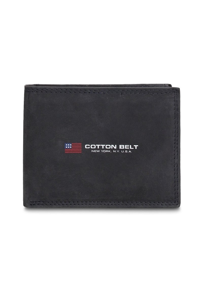 Portafoglio in pelle nera dalla texture liscia, con il logo "COTTON BELT" e un piccolo disegno della bandiera americana sulla parte anteriore.