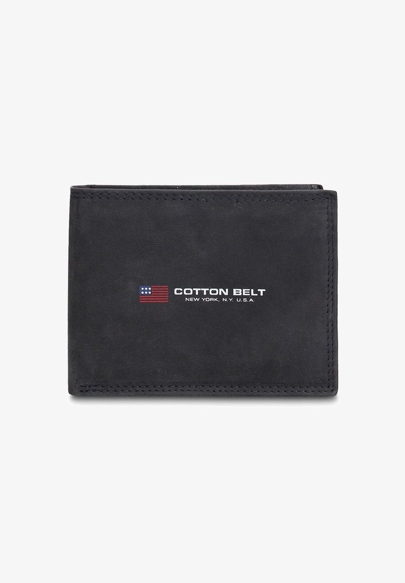 Portafoglio in pelle nera dalla texture liscia, con il logo "COTTON BELT" e un piccolo disegno della bandiera americana sulla parte anteriore.