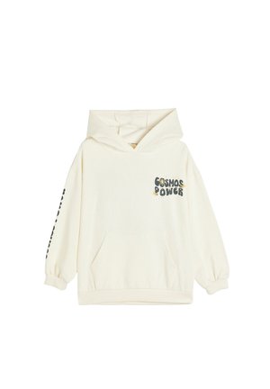 Cremefarbene Kapuzenjacke mit Vordertasche, lockerem Schnitt und gerippten Bündchen. Mit grafischem Text "COSMOS POWER" in dunklen Farben auf der Brust und dem Ärmel.