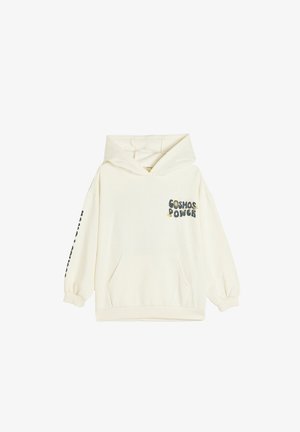 Cremefarbene Kapuzenjacke mit Vordertasche, lockerem Schnitt und gerippten Bündchen. Mit grafischem Text "COSMOS POWER" in dunklen Farben auf der Brust und dem Ärmel.