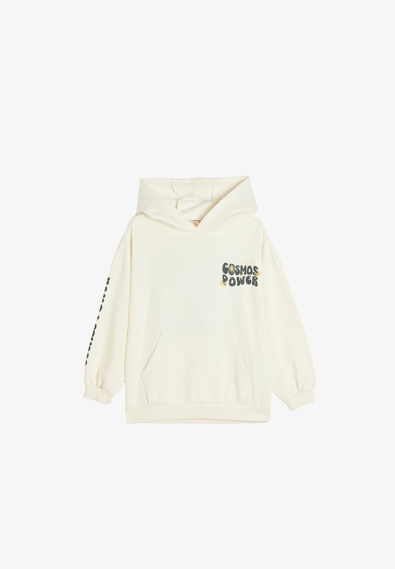 Crèmekleurige hoodie met een zak aan de voorkant, losse pasvorm en ribgebreide manchetten. Voorzien van een tekstgrafiek "COSMOS POWER" in donkere kleuren op de borst en de mouwen.
