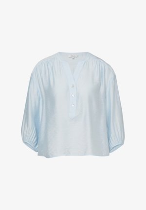 Light blue blouse with three front buttons, gathered shoulders, loose fit, and elastic cuffed three-quarter sleeves.