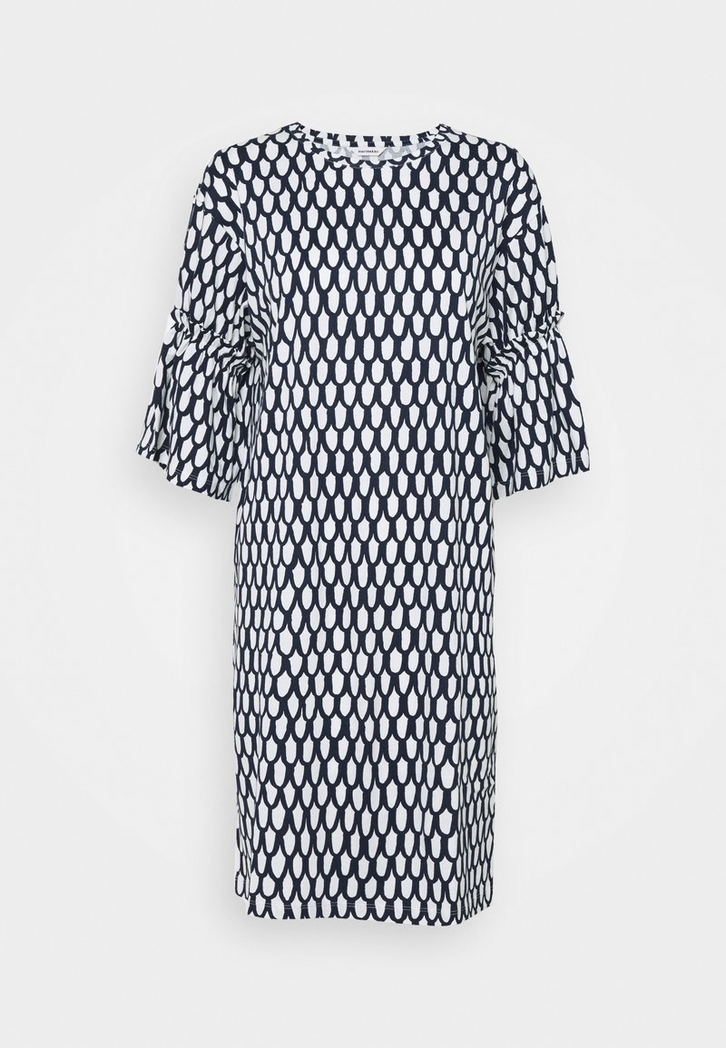 Robe à motifs bleu marine et blanc avec un col rond et des manches évasées. Présente un motif en forme de goutte d'eau et une coupe décontractée qui arrive au genou.