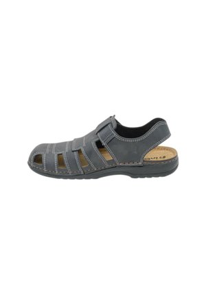Sandalo da uomo con punta chiusa in pelle grigio scuro con molte aperture e soletta imbottita color cuoio su suola in gomma nera.