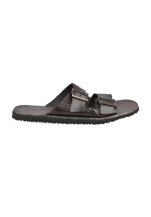 Dark brown leather slide sandal with two adjustable brass buckles and a textured rubber sole, side view on white background.