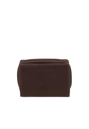 Portefeuille compact en cuir marron foncé avec rabat avant et compartiment zippé, embossé du logo "Arthur & Aston".