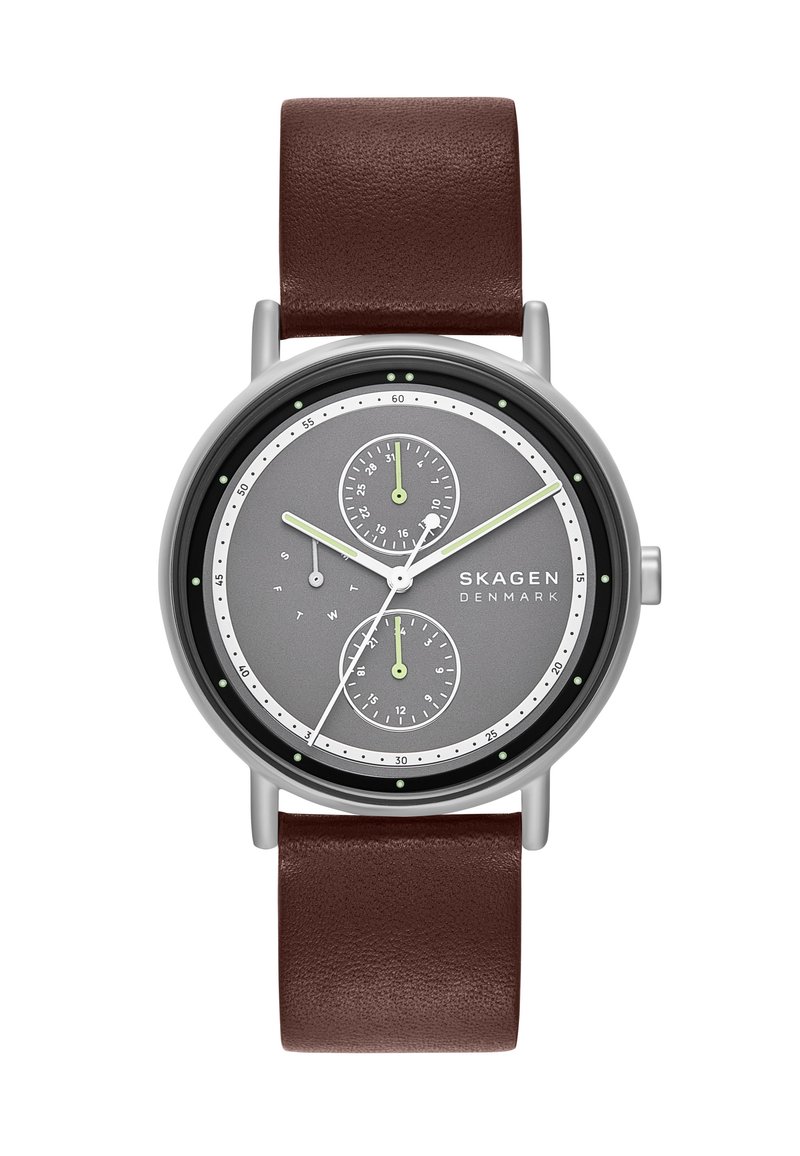 Runde Silberuhr mit grauem Zifferblatt, zwei kleinen Zifferblättern, grünen Akzenten und einem braunen Lederarmband. Verfügt über ein minimalistisches Design und klare Markierungen.