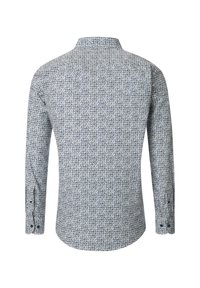 Langermig shirt met een blauw-wit geometrisch patroon, knoopsluiting aan de kraag en twee knoopdetails op elke manchet.