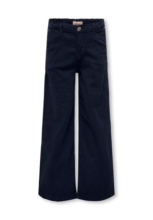 Pantalon à jambes larges bleu marine avec fermeture à boutons et fermeture éclair à l'avant, passants pour ceinture et poches latérales, présenté sur un fond blanc.