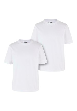 Två enfärgade vita t-shirtar i bomull, med korta ärmar, rund halsringning och normal passform. Inga synliga mönster eller detaljer.