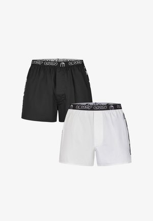 Weiße Boxershorts mit schwarzem elastischem Bund, auf dem der Text "LOUSY LVN" zu sehen ist. Der Stoff wirkt glatt und leicht.