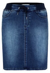 Jupe en denim bleu foncé avec une taille élastique, fermeture par cordon de serrage et poches avant. Offre une texture lisse et une coupe classique.