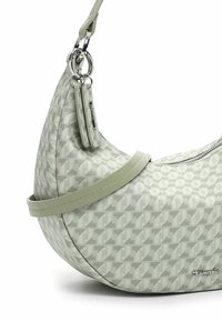 Borsa a tracolla verde con motivo, forma arrotondata, superficie testurizzata e tracolla staccabile. Presenta accessori in argento e dettagli con zip.