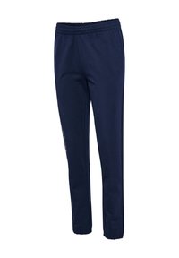 Mørkeblå joggerbukser med elastisk talje, tætsiddende ben og slim fit. Har sidelommer og en subtil brandingdetalje på siden.