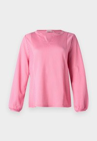 Vaaleanpunainen pitkähihaista puseroa, jossa on vaakasuoria ja pystysuoria raitoja, V-mallinen kaula-aukko ja ker gathered cuffs. Valmistettu kevyestä, sileästä kankaasta.