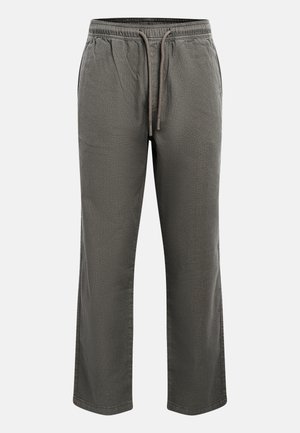 Luźne, ciemnoszare spodnie casual z elastycznym pasem i sznurkiem do regulacji, wyposażone w boczne kieszenie i proste nogawki.