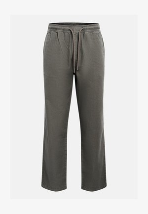 Pantaloni casual largi de culoare gri închis, cu talie elastică și șnur, prevăzuți cu buzunare laterale și croială dreaptă.