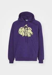 Paarse hoodie met een voorste zak, voorzien van een grote gele grafische print. De stof is zacht met ribbelmanchetten en een ribbelzoom.