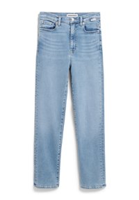 Lichtblauwe denim jeans, rechte snit, met vijf zakken, een knoopsluiting en subtiele vervagingen over de stof.
