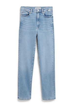 Helle blaue Denim-Jeans, mit geradem Schnitt, fünf Taschen, Knopfverschluss und dezenten Ausbleichungen im Stoff.