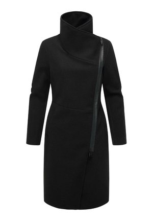 Cappotto nero a maniche lunghe con colletto alto, zip asimmetrica, texture morbida e tasche. Design minimalista con linee pulite.