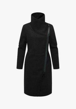 Schwarz, langärmliger Mantel mit hohem Kragen, asymmetrischem Reißverschluss, weicher Textur und Taschen. Minimalistisches Design mit klaren Linien.