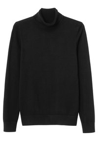 Černý rolákový svetr z měkkého materiálu s dlouhými rukávy, žebrovaným výstřihem, manžetami a lemem.