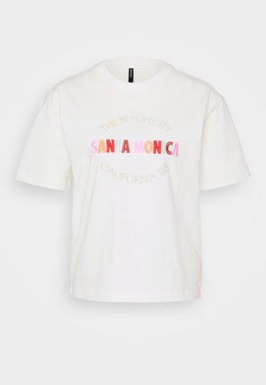 Hvit bomull T-skjorte med korte ermer. Har pastelldekorativ tekst med påskriften "SANTA MONICA" og "CALIFORNIA '95" i forskjellige farger.