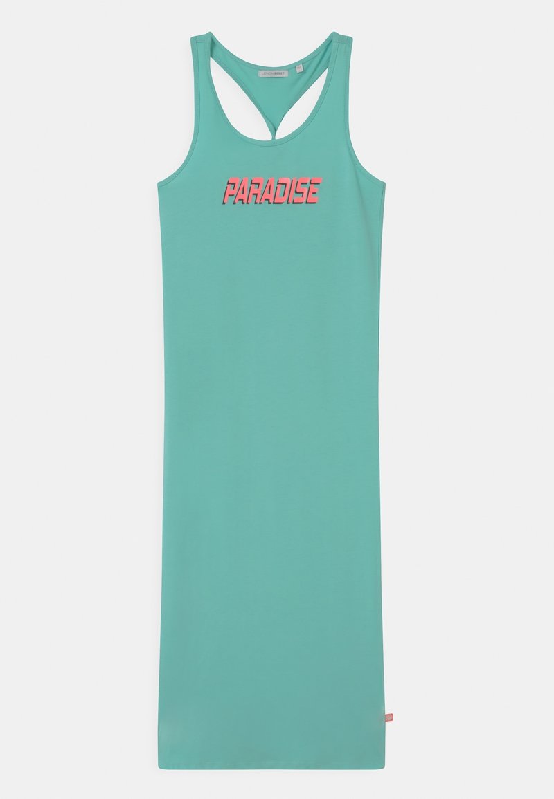 Robe turquoise sans manches à dos nageur avec le texte rose "PARADISE" centré sur la poitrine, style décontracté, longueur au genou.