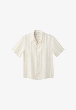 Chemise en lin beige à manches courtes avec des rayures blanches verticales et des boutons sur le devant, dotée d'un col classique.