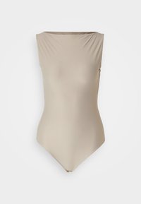 Bodysuit beige avec un décolleté bateau, sans manches et en tissu lisse et extensible. Présente une ouverture haute sur la cuisse et une fermeture à pression au bas.