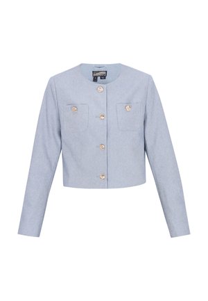 Világoskék rövid fazonú dzseki hosszú ujjakkal, kerek nyakkivágással, két első zsebbel és arany díszgombokkal a középen.