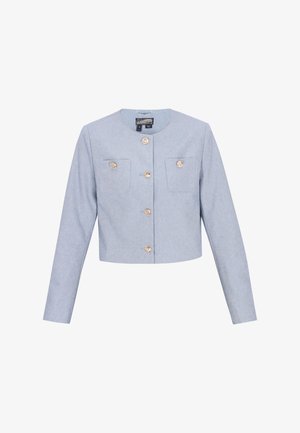 Világoskék rövid fazonú dzseki hosszú ujjakkal, kerek nyakkivágással, két első zsebbel és arany díszgombokkal a középen.