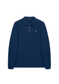 Mörkblå långärmad polo skjorta i bomull, med klassisk krage, treknappars stängning och en liten vit logotyp på bröstet.