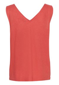 Coral sleeveless top with a V-neck, made of lightweight fabric, featuring a smooth texture and straight hemline. Minimalist design without embellishments.