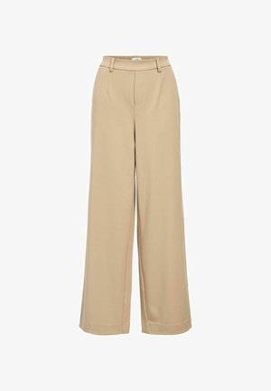 Beige vida byxorna med en slät yta, hög midja och bälteslps. Framtill veck och inga fickor förbättrar den strömlinjeformade designen.
