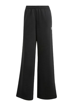Black wide-leg sweatpants with an elastic waistband. Made of soft fabric, featuring a small white logo detail on the side.