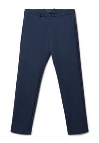 Pantaloni blu navy esposti piatti. Le caratteristiche includono tasche anteriori, chiusura con bottone e un design elegante adatto per abbigliamento informale o formale.