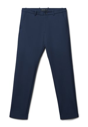 Pantaloni blu navy esposti piatti. Le caratteristiche includono tasche anteriori, chiusura con bottone e un design elegante adatto per abbigliamento informale o formale.