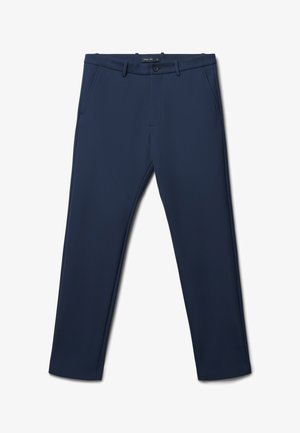 Marineblaue Hosen flach ausgelegt. Zu den Merkmalen gehören Fronttaschen, ein Knopfverschluss und ein elegantes Design, das für Freizeit- oder formelle Anlässe geeignet ist.