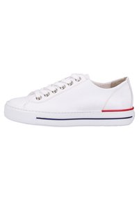 White leather sneaker featuring silver eyelets, a low silhouette, a textured rubber sole, and a red and blue accent stripe along the base.