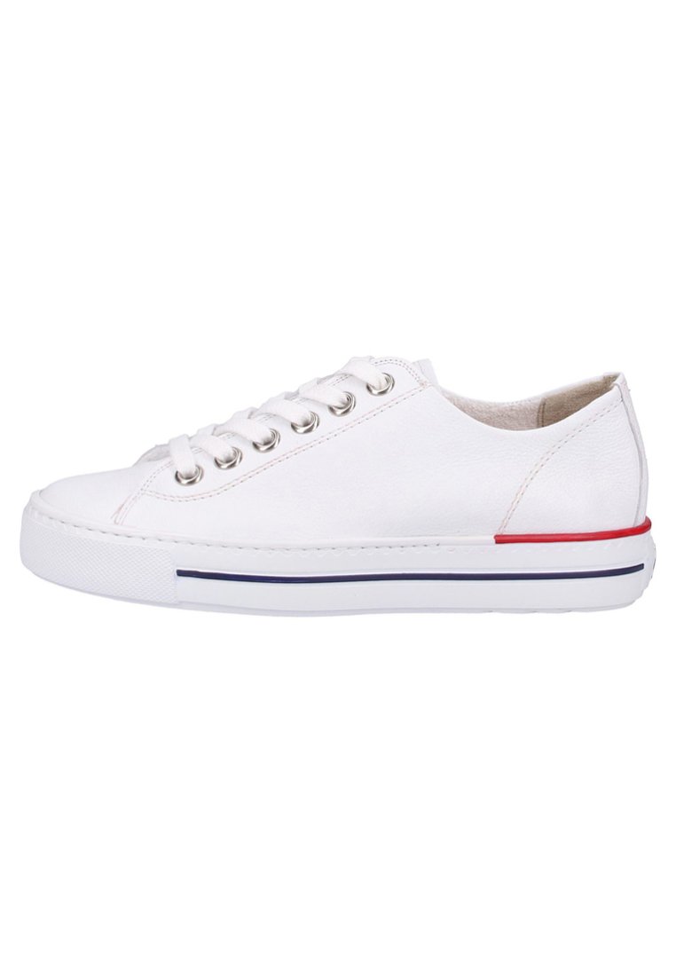 White leather sneaker featuring silver eyelets, a low silhouette, a textured rubber sole, and a red and blue accent stripe along the base.
