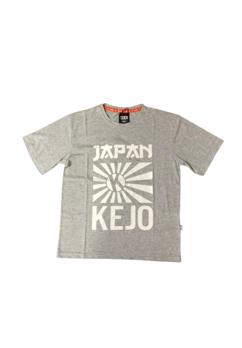 T-shirt in cotone grigio con un design grafico bianco che presenta la scritta "GIAPPONE" e "KEJO", inclusi raggi che richiamano un motivo a raggiera.