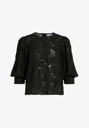 Czarna bluzka o fakturowanej powierzchni z bufkami, z przezroczystym overlayem i skomplikowanymi wzorami przypominającymi liście, zapinana z tyłu na dyskretny zamek.
