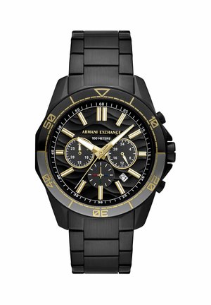 Czarny zegarek na rękę Armani Exchange ze złotymi znacznikami godzin, trzema subtarczami, wyświetlaczem daty oraz metalową bransoletą, wodoodporny do 100 metrów.