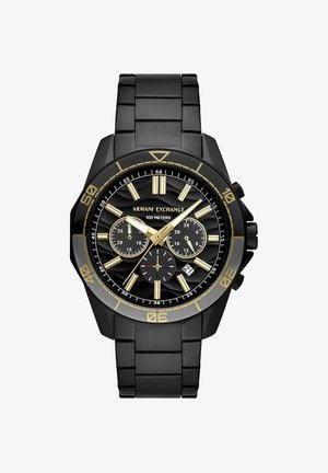 Czarny zegarek na rękę Armani Exchange ze złotymi znacznikami godzin, trzema subtarczami, wyświetlaczem daty oraz metalową bransoletą, wodoodporny do 100 metrów.