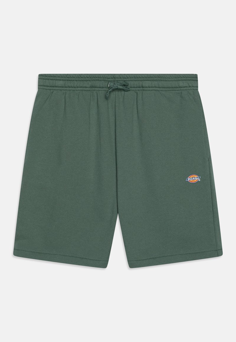 Grüne Baumwollshorts mit elastischem Bund und verstellbarem Kordelzug. Mit einem kleinen, mehrfarbigen Logo am linken Bein.