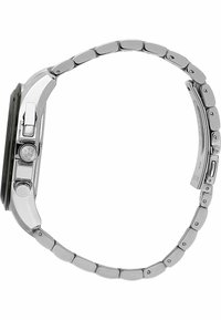 Silberne Edelstahl-Uhr mit einem segmentierten Armband und einem schwarzen Zifferblatt. Hat einen metallischen Verschluss und eine Krone mit Logodetail.