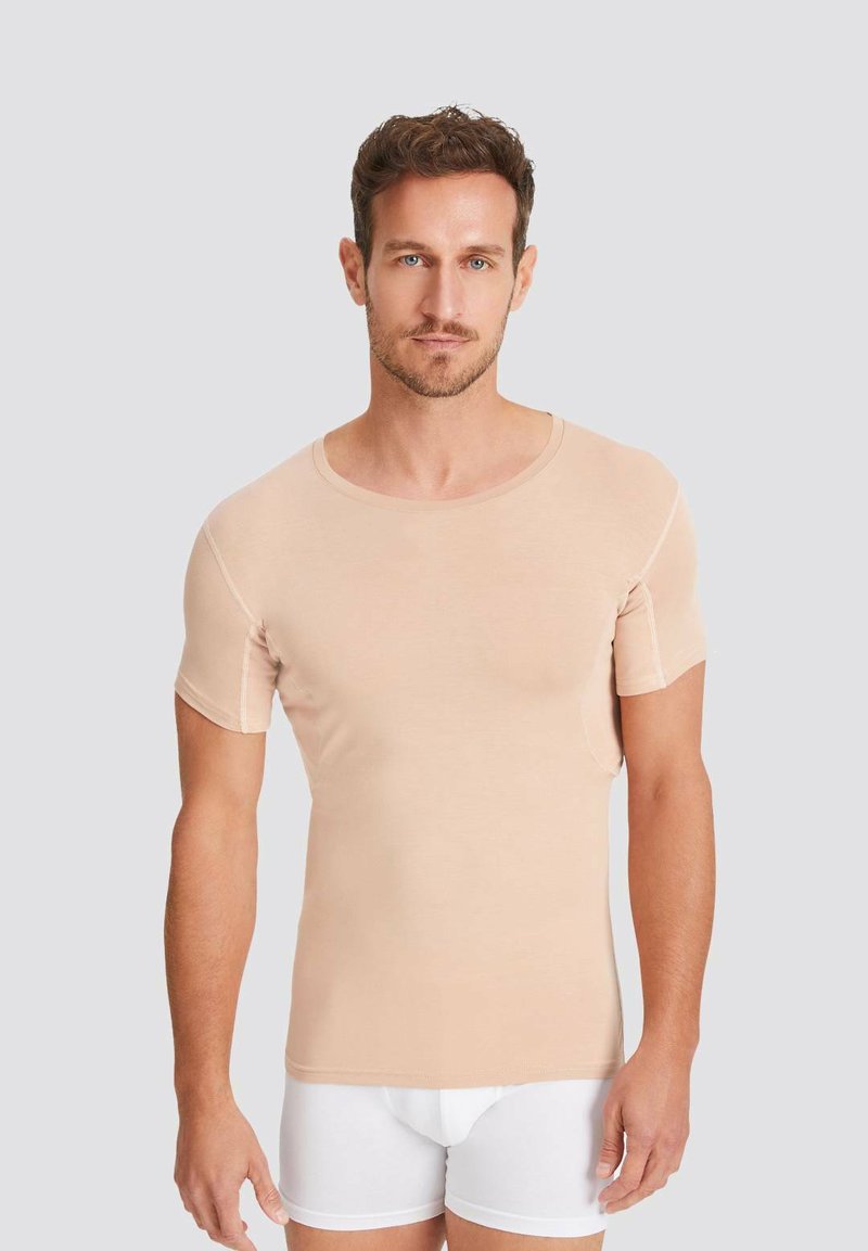 Beige short-sleeve t-shirt, made of soft fabric, fitted design, round neckline, seamless cuffs, worn over white boxer briefs.
